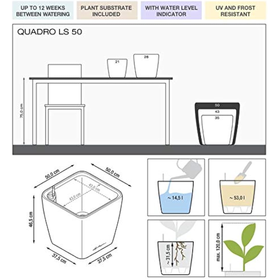 Lechuza Self Watering Plant Pot QUADRO LS 50 Garden Flower Indoor and Outdoor Plastic Planter with Drainage Hole H47 L50 W50 cm Charcoal Metallic