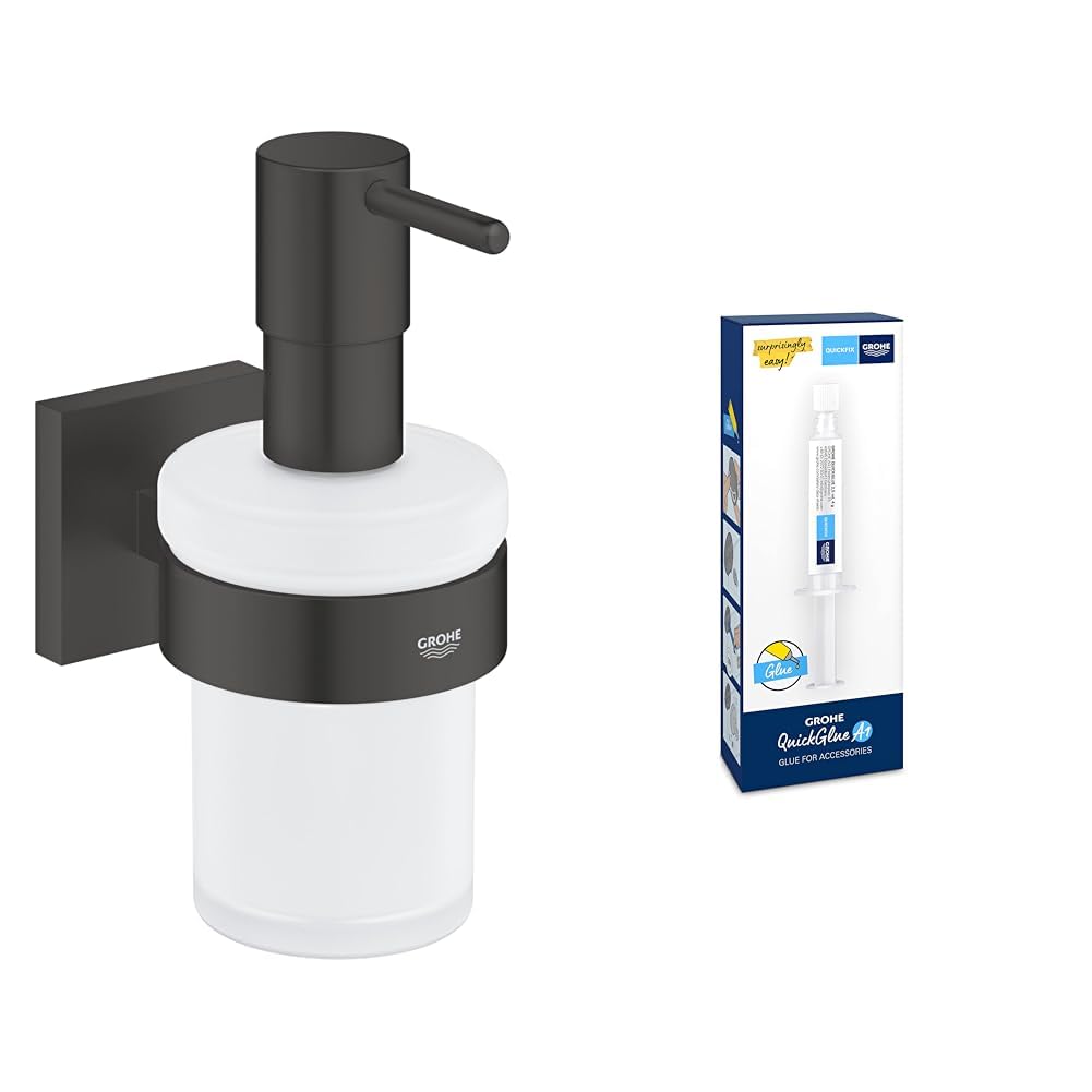 GROHE Start Cube QuickFix Soap Dispenser with Holder & A1 QuickGlue (Material: Iced Glass & Metal, Filling Quantity 160 ml, with Screws & Dowels)