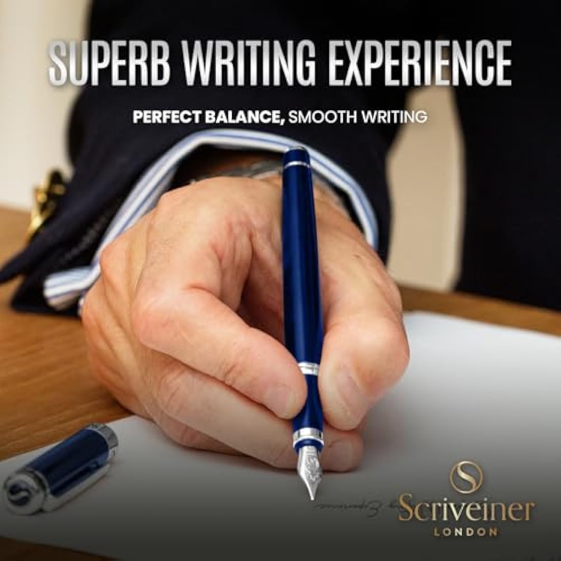 Scriveiner Blue Lacquer Fountain Pen Stunning Pen with Chrome Finish, Schmidt Nib (Fine), Best Pen Gift Set for Men & Women, Professional, Executive, Office, Nice Pens