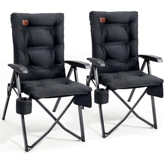 EVER ADVANCED Luxury Camping Chairs 2 Set for Adults Heavy Duty High Back Oversized Folding Garden Chair Comfy Padded 6cm Loadable 150kg Cam Adjustable Dining Chairs 4-Position Recliner Black