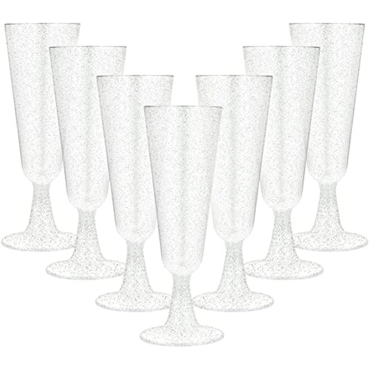 JMIATRY 100 Pcs Plastic Champagne Flutes, 160ml/5.6oz Multi-Use Champagne Flutes Reusable, Plastic Flutes Great for Wedding, Christmas, Birthday Party and Daily Use, Silver Glitter