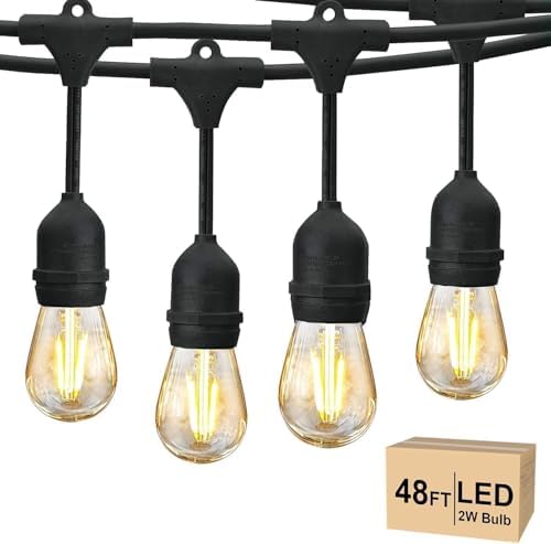 Svater Outdoor String Lights LED 15m, S14 48FT Festoon Lights Mains Powered with 15+1 2W Plastic Bulbs, IP65 Waterproof Garden String Lights for Patio Party Wedding, 2700K Warm White