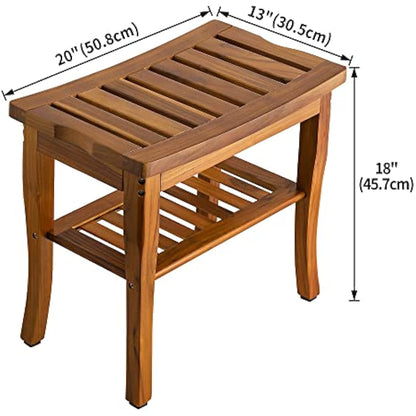 VaeFae Teak Shower Bench, Spa Bath Shower Stool with Storage Shelf, Wooden Seat Stool for Bathroom