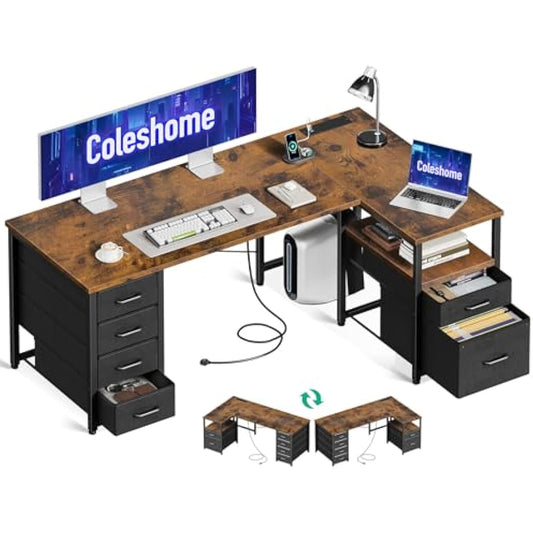 Coleshome Computer Corner Desk with Drawers, 140×70 cm L Shaped Office Desk with Power Outlet, Reversible Study PC Table with Storage for Bedroom, Vintage Brown