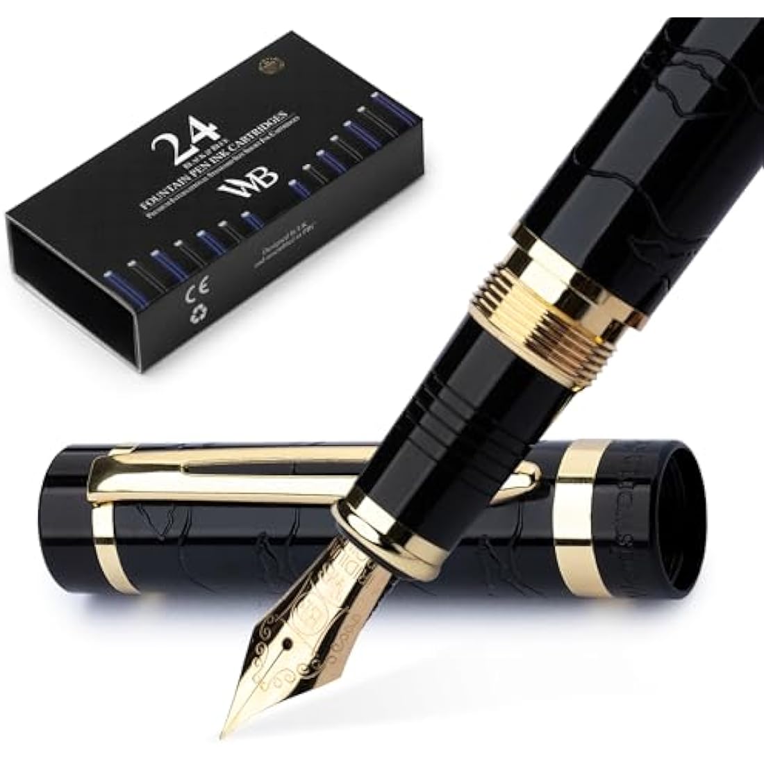 Wordsworth & Black Primori Fountain Pen Set [Black Gold]; Extra Fine Nib, Gift Case, 24 Ink Cartridges, Refill Converter, Manual; Journaling, Calligraphy, Smooth Writing Pens; Left and Right Handed