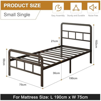 Yicensen Small Single Bed Frame with Curved Headboard and Footboard 75x190 cm, Black Single Platform Bed with Heavy Metal Slats for Stable Support, No Box Spring Needed, Noise Free, Easy Assembly