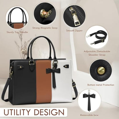 RAINSMORE Laptop Bags for Women PU Leather Work Bags for Women Tote Bag Large Handbag Shoulder Bag for Office 15.6 Inch Bussiness Black with White and Brown