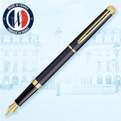 Waterman Hémisphère Fountain Pen | Matte Black with 23k Gold Trim | Fine Nib | Blue Ink | Gift Box