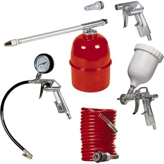 Einhell Metal Air Tool Accessory Set | 5 Pc Compressor Air Tools With Quick Coupling - Airbrush Kit, Spray Gun, Blow-Out Gun, 4M Compressed Air Hose, Tyre Pressure Gauge And Inflator