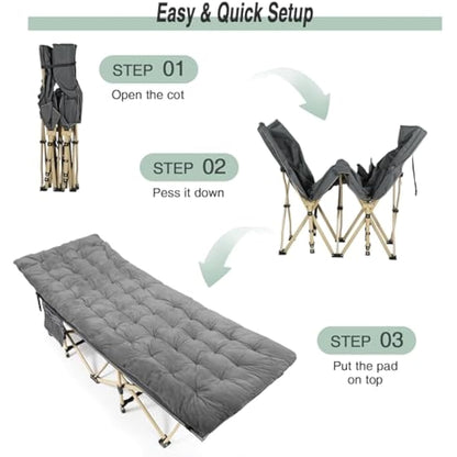 REDCAMP Folding Camping Beds for adults, Heavy Duty Sturdy Camp Bed with Thick and Soft Mattress, Stronge Thicker Tubes Sleeping Bed Outdoor Travel Office, Grey with Thicker Pad
