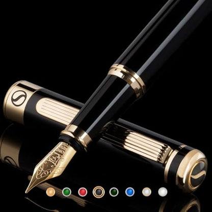 Scriveiner Black Lacquer Fountain Pen Stunning Pen, Real Gold Plating, Schmidt Gilded Nib (Fine), Best Pen Gift Set for Men & Women, Professional, Executive, Office, Nice Pens