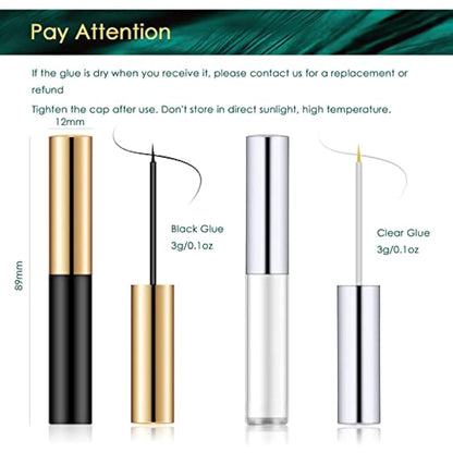 Lanciley Eyelash Glue Clear & Black 3g*2 0.1oz Strong Hold False Eyelash Glue with Brush Applicator for Strip Lash Cluster Lashes Waterproof Fast Drying