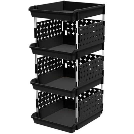 Lifewit Stackable Storage Baskets, 4 Tier Plastic Storage Trolley Unit Rack Shelf for Wardrobe, Kitchen, Cupboard Organiser, Black, 35 x 30 x 72 cm