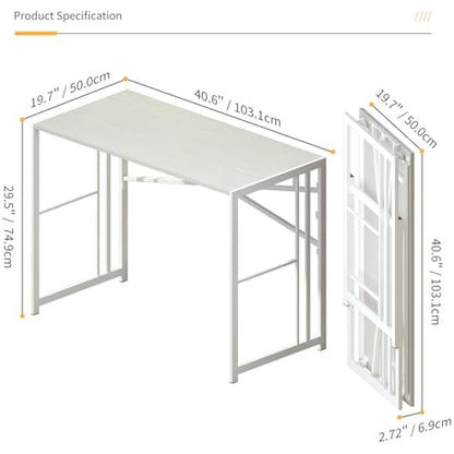 Lutown-Teen 103 cm Folding Desk, Writing Gaming Computer Camping Desk, No Assembly Required Home Office Table, White