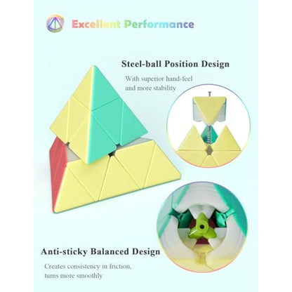 ROXENDA Speed Cube Set, 2X2 3X3 4X4 Pyramid Cube Stickerless with Instruction [4 Pack] (Macaron Cube Set)