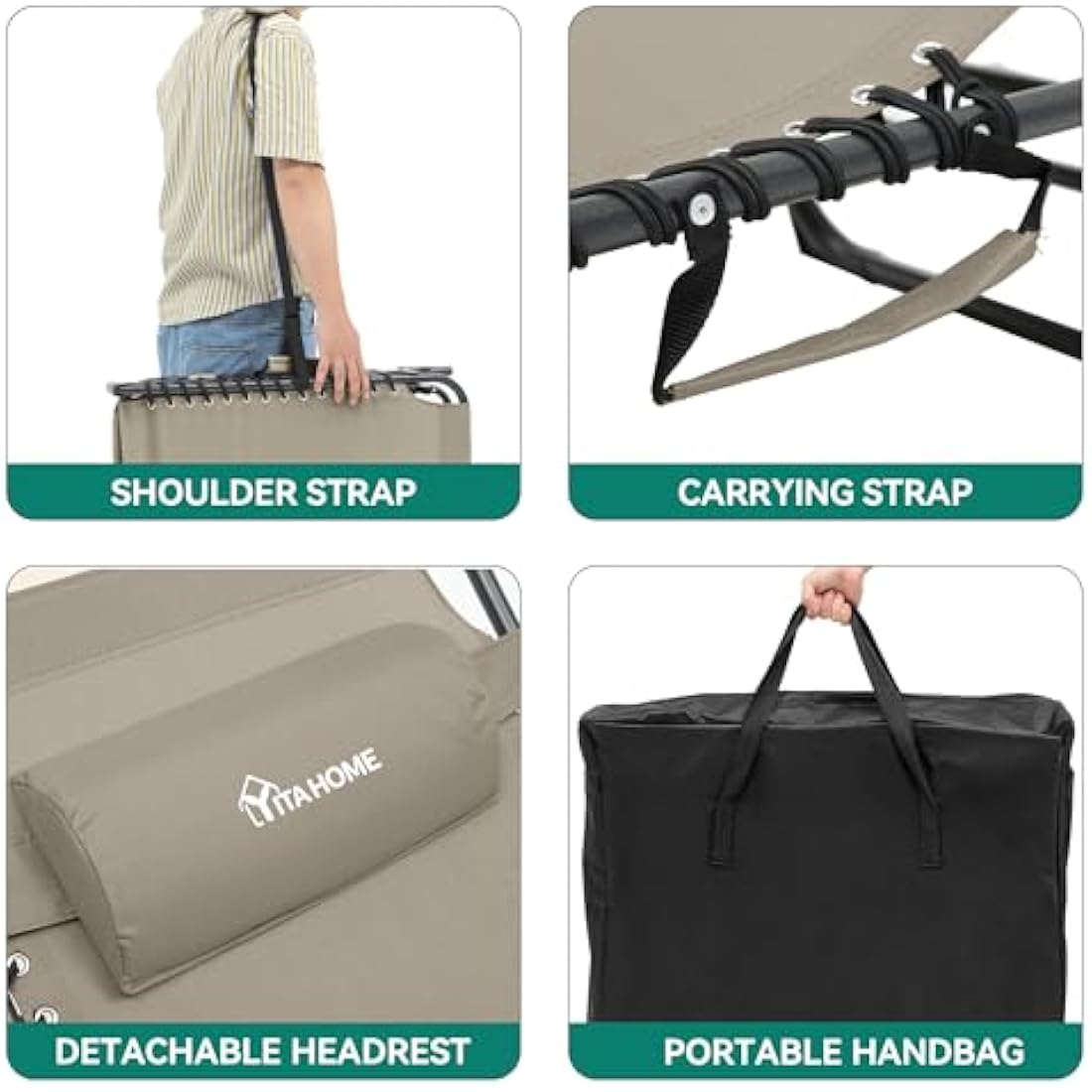 YITAHOME Reclining Sun Lounger Set of 2, Folding Sun Bed 4 Position Adjustable, 190x60x31 cm Sunloungers with Removable Headrest & Side Pocket Load capacity 300lbs for Garden, Beach, Camping, Khaki