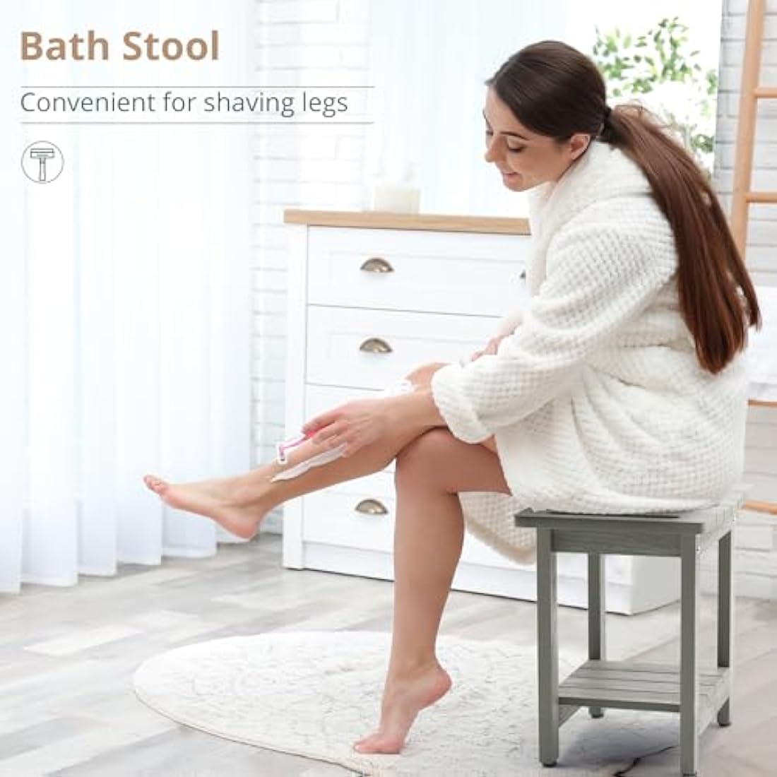 LUE BONA HDPS Shower Benches,Shower Stool for Shaving Legs with Shelf,Waterproof Bath Chair Seat for Bathroom,Weather Resistant/Non-Slip/Handles/Indoor or Outdoor Use,Grey