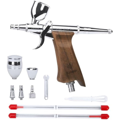 Bucasso Airbrush Kit, Air Brush Spray Gun with 0.3mm/0.5mm/0.8mm Needles/Nozzle Sets, 3cc/7cc/11cc Replaceable Fluid Cup for Painting Model Nails Cake Tattoo Makeup (Walnut01)