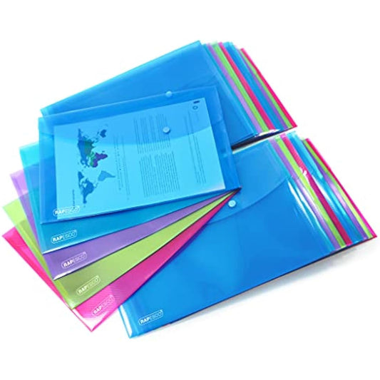 Rapesco 1678 ECO Recycled Popper Wallets, A4+, Assorted Bright Transparent Colours, Pack of 40