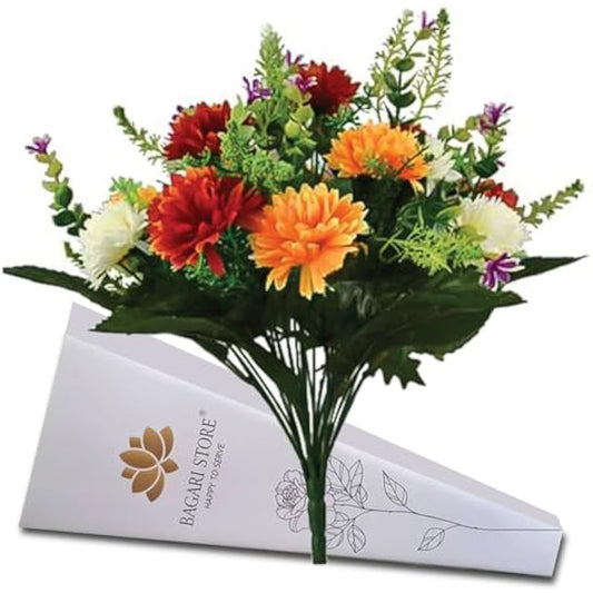 Bagari 41cm Artificial Flowers for Graves- Fake Bunch with 16 Heads Large Mixed Ivory- Red-Orange Bush Flowers Delivery Next Day Prime- Plastic Fresh Bouquet for Outdoor & Indoor Events Wedding Party