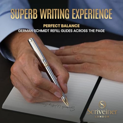 Scriveiner Silver Chrome Ballpoint - Stunning Luxury Pen, Real Gold Finish, Schmidt Black Refill, Best Ball Pen Gift Set for Men & Women, Professional, Executive, Office, Nice, Fancy Pens