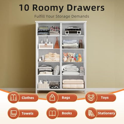 CAIYUN Chest of Drawers Bedroom with 10 Drawers, Tall Fabric Storage Organizer Clearance with Wood Top and Large Storage Space, for Bedroom, Living room, Entryway, Tv Stand, Closet, White