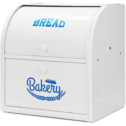Hossejoy Metal Bread Box, Double Compartment Roll Top Countertop Bread Storage, Bread Bin Container Holder, Double Layer Breadbox Holds for your Kitchen Counter（White）