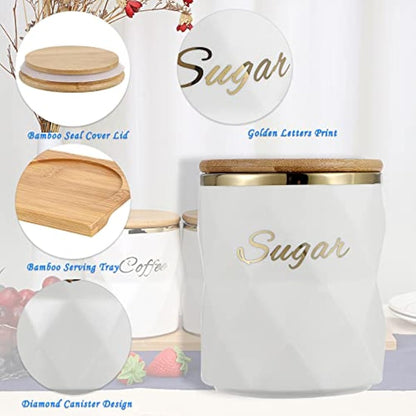 BTSKY White Ceramic Sugar Coffee Tea Canisters with Lid and Tray - Airtight Set of 3 Storage Canisters Food Storage Containers Pots Jars with Bamboo Lid for Kitchen Counter