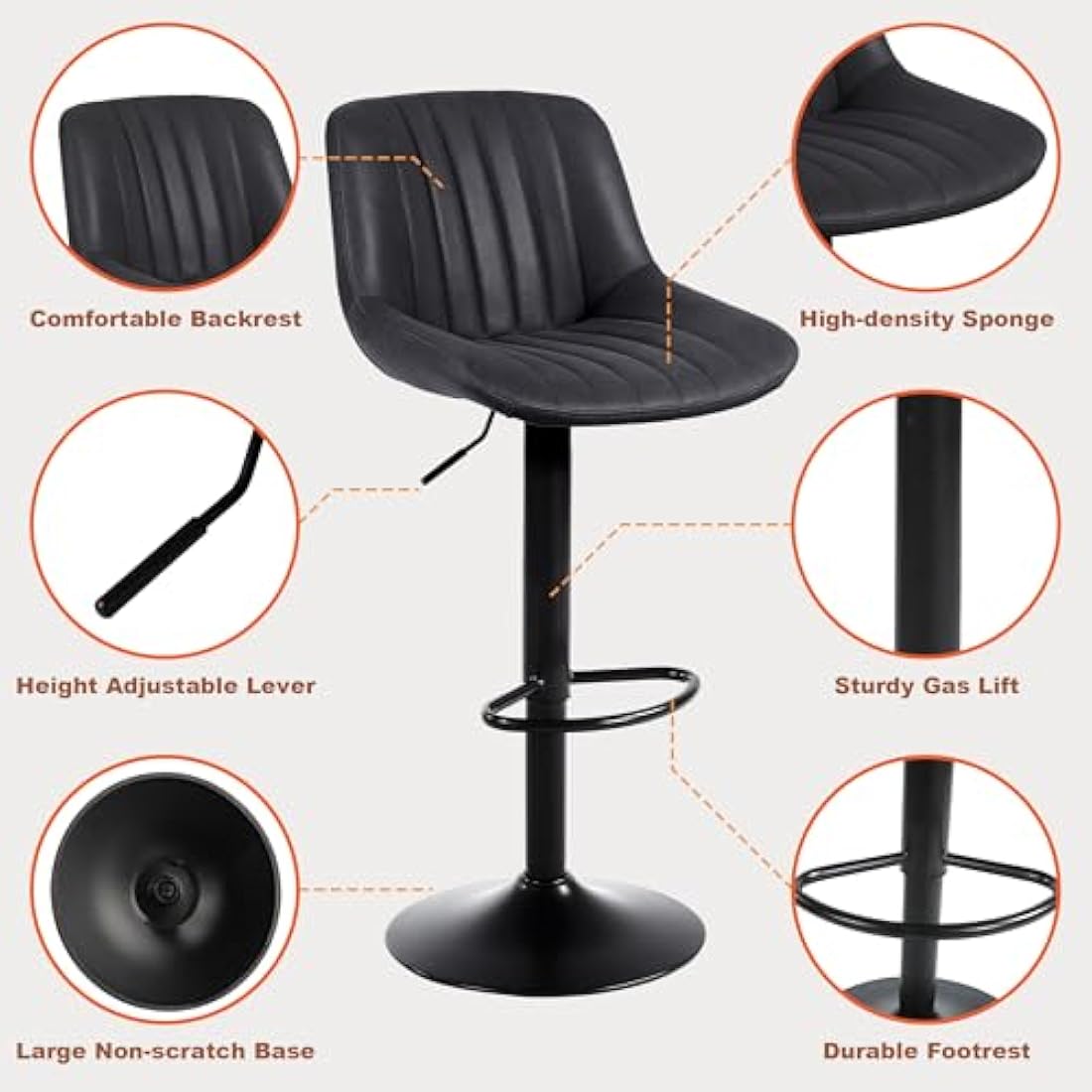 Youhauchair Bar Stools Set of 2, Swivel Counter Height Barstools with Back, Adjustable PU Leather Bar Chairs, Modern Armless Kitchen Island Stool, Black