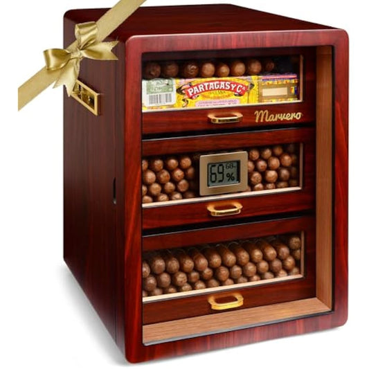 Marvero Cigar Humidors, Cedar Wood Humidor with Digital Hygrometer, Drawers, Humidifiers and Gold-Plated Hardwares. Cigar humidor Cabinet for Men Husband Father, 150 Cigars Capacity Ebony Color