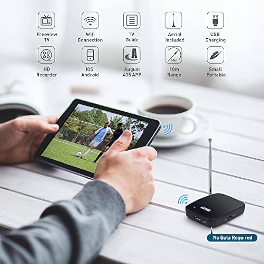 August DVB-T405 1080p Portable Freeview TV for iOS and Android - Watch and Record Live Freeview on Phones and Tablets/No Mobile Data or WiFi Required - Rechargeable Battery