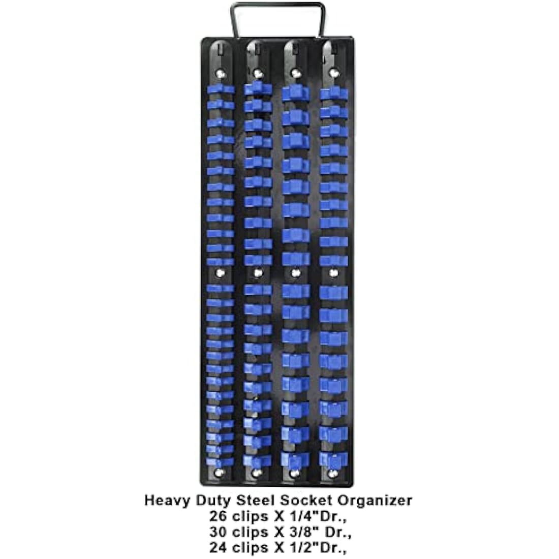 CASOMAN 80-Piece Heavy Duty Socket Organizer Tray, 1/4-Inch, 3/8-Inch, 1/2-Inch,Premium Quality Socket Holders,Black Rails with Blue Clips, Best Unique Tool Gift for Men