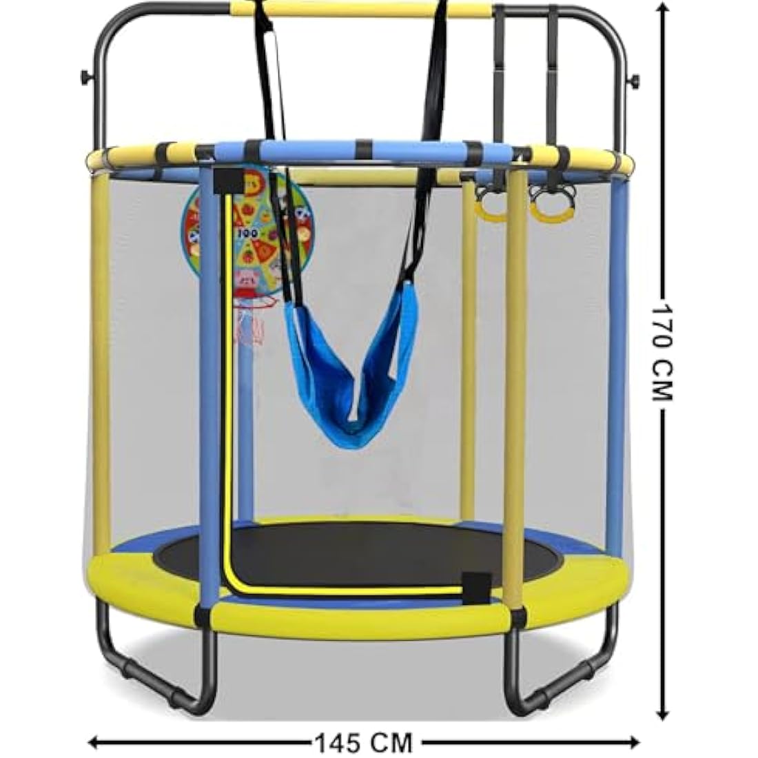 PILIN Children's Trampoline, Indoor/Outdoor Trampoline with Swings, Gymnastics Poles, Hoops, Basketball Hoop/Dart Board, 145x170 cm, Load Capacity 50kg