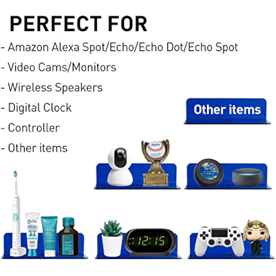 OAPRIRE Acrylic Floating Wall Shelves Set of 2, Damage-Free Expand Wall Space, Small Wall Shelf for Smart Speaker, Action Figures, Monitor with Cable Clips, Stick on, No Drill (Blue)