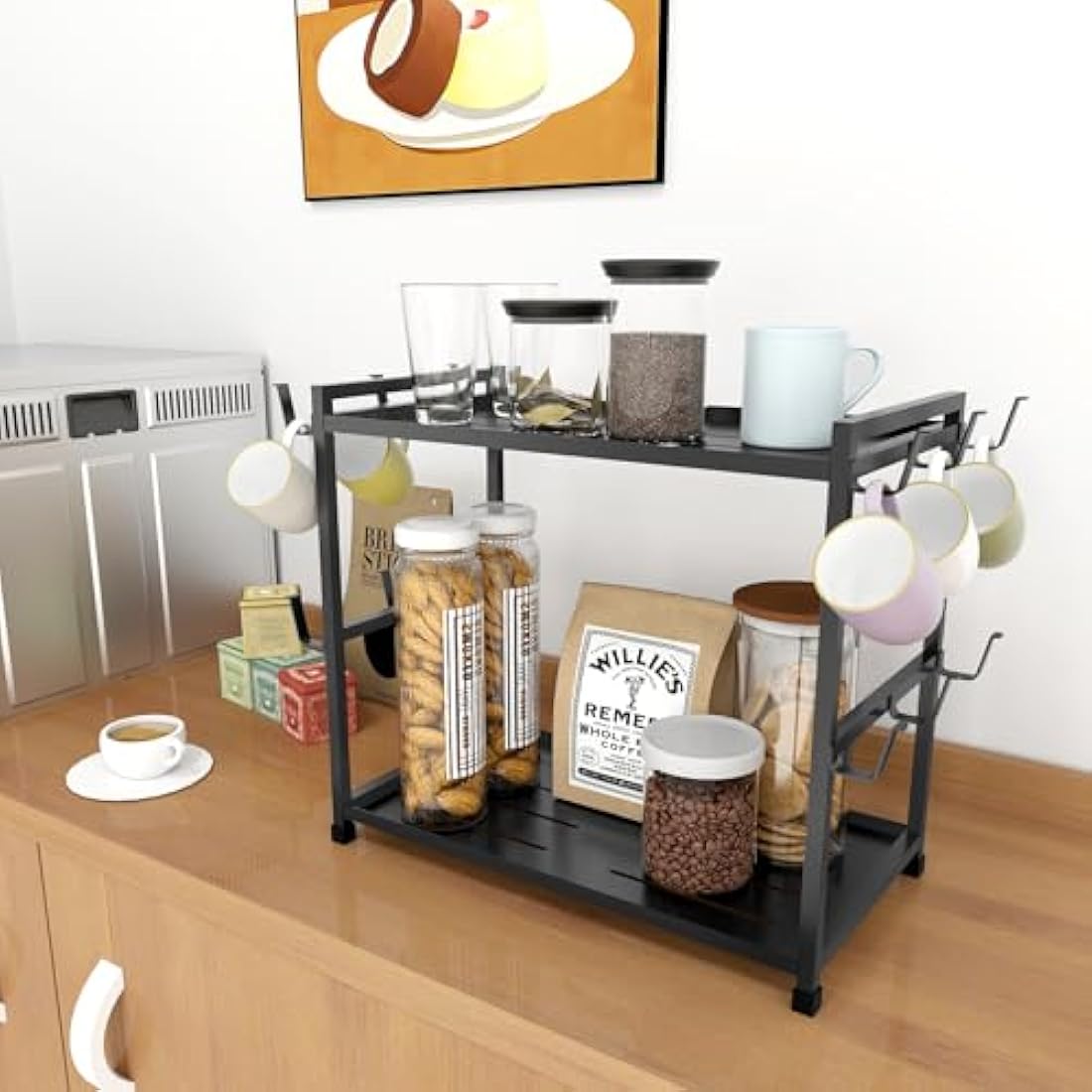Bethom Coffee Cup Holder Kitchen 12 Hooks Kitchen Storage Rack 2 Tier Coffee Station Organizer Metal Mug Stand Mug Holders for Kitchen Tea Coffee Bar, Black