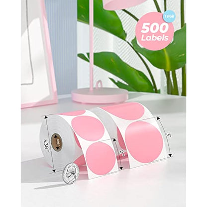 MUNBYN 76x76mm Pink Circle Thermal Sticker Labels, Self-Adhesive Round Direct Thermal Labels, Multi-Purpose Roll Stickers for Business-500 Sheet/1 Roll