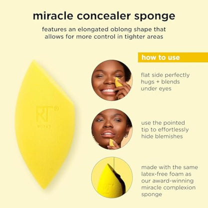 Real Techniques Miracle Concealer Sponge - Elongated Shape for Precise Application, Yellow Latex-Free Foam, 2 Count