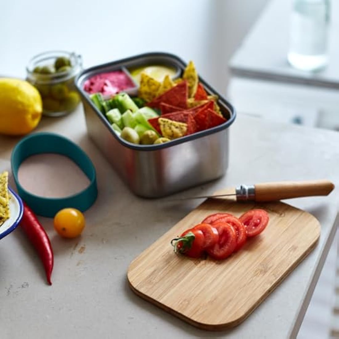 BLACK + BLUM BAM-SB-L005 Plastic Free Meal Prep Lunch Box Food Container with Bamboo Lid, Ocean Sandwich, Stainless Steel (304/18-8), Silicone, Anti-Bacterial, 1.25 liters