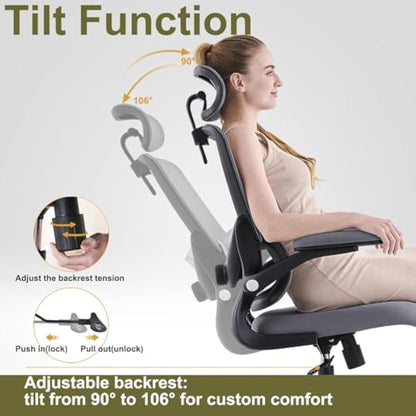 TONFARY Ergonomic Office Chair - High Back Mesh Design with Adjustable Lumbar Support, Flip-Up Armrests, Removable Headrest & 360° Swivel - Space-Saving for Home, Work, or Gaming - Black + Grey