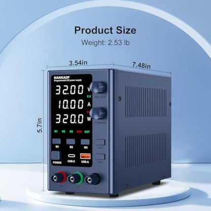 DC Power Supply 0-32V 0-10A, Lab DC Power Supply Variable with Memory Storage, Bench Power Supply with Encoder Adjustment & USB-A/Type-C Fast Charging Interface