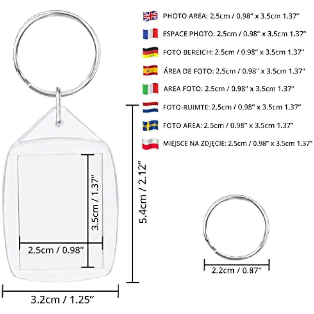 Kurtzy Blank Photo Insert Key chains (50 Pack) - Each Key ring is 3.2 x 5.4cm - Translucent Clear Acrylic Key Rings for Double Sided Photos - Small Picture Frames for Family, Friends, Gifts & Crafts