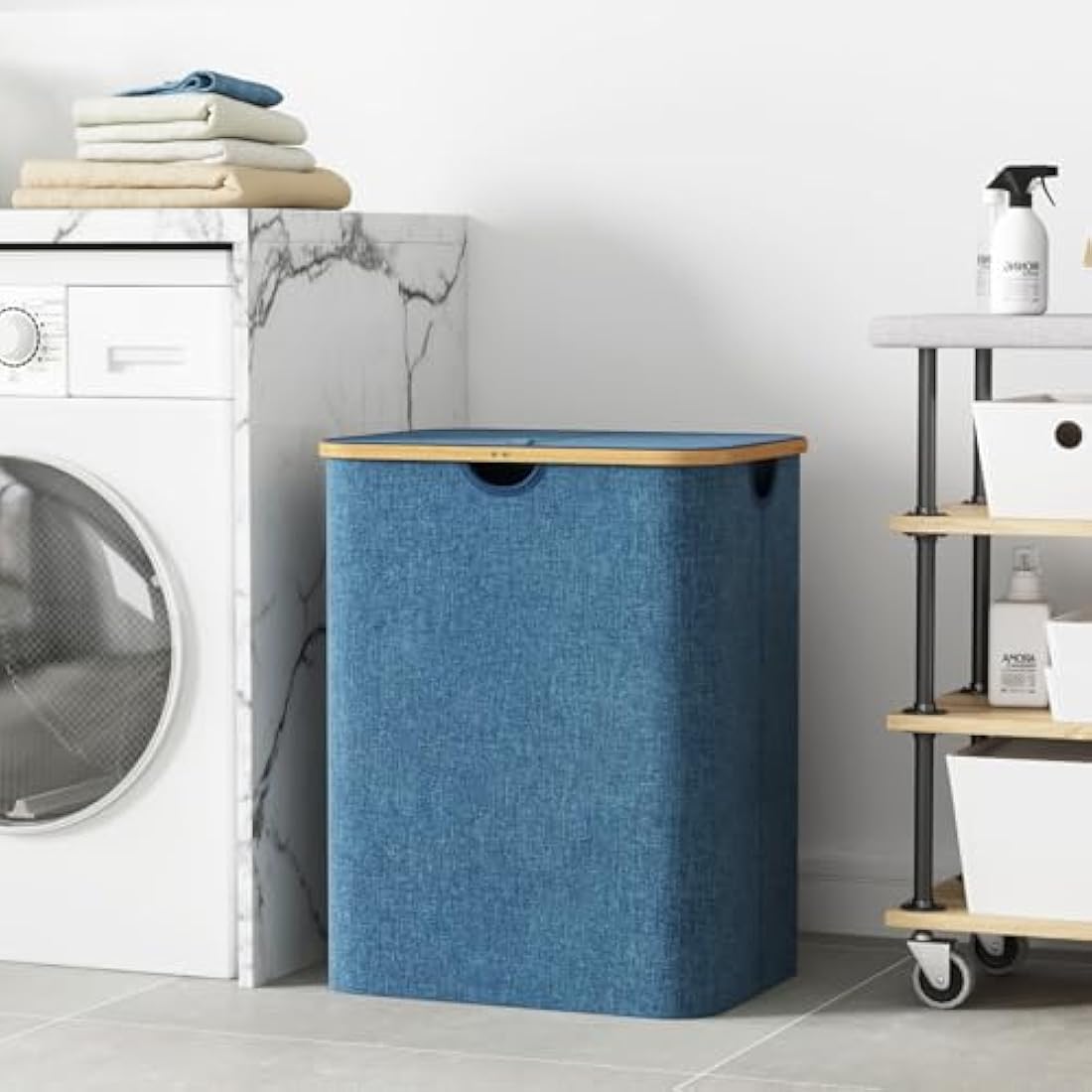 Lifewit 120L Laundry Basket with Lid, Clothes Hampers for Laundry with Bamboo Handles and A Removable Laundry Bag, Large Foldable Laundry Hamper for Bedroom, Bathroom, Dorm, Laundry Room, Dark blue