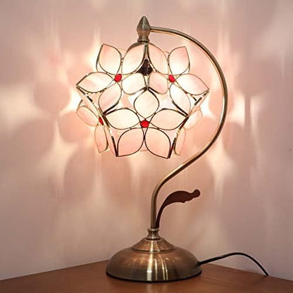 Bieye L30832 Tiffany Style Stained Glass Flower Petal Table Lamp with Brass Base for Home Décor (Pink, 8" Apple Blossom)