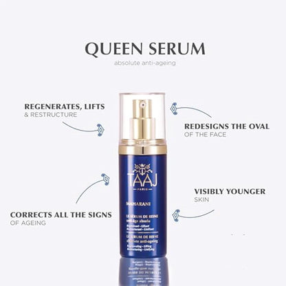TAAJ | The Queen's serum - MAHARANI | Powerful anti-ageing actives | Deeply regenerated skin | Improved features and unified complexion | Hyaluronic acid collagen and elastin | 30 ml