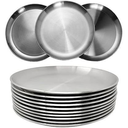 WANBY Stainless Steel Plates 304 Metal Lightweight Steel Plate Unbreakable Dinner Dishes Plates Set Non-Toxin Dishwasher Safe BPA Free and Healthy (10 Pcs)