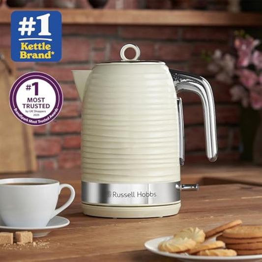Russell Hobbs Inspire Electric 1.7L Cordless Kettle (Fast Boil 3KW, Cream premium textured plastic, high gloss finish, Removable washable anti-scale filter, Pull off lid, Perfect pour spout) 24364