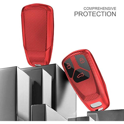 OATSBASF Car Key Cover Compatible with Audi A4L A6L A8 Q5 Q7 TTS TT Silicone TPU 3 Buttons Key Box Shell (Red-Stripe)