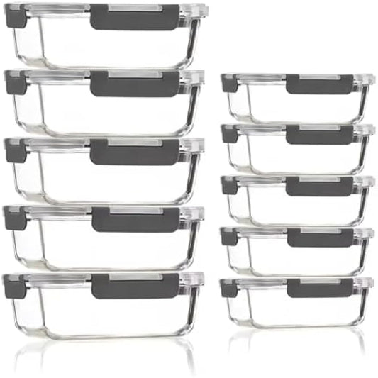 Glass Containers with Lids, 10 Pack Airtight Glass Meal Prep Containers, Glass Food Storage Containers, Reusable, Stackable, Microwave, Oven, Freezer and Dishwasher, 1050ml & 370ml (Gray)
