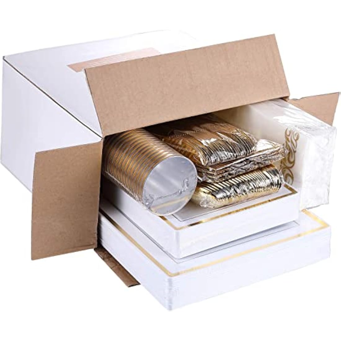 Square Dishes Plates Cups Cutlery for 25 on Special Occasions,175 Pieces of Reusable Plastic Dinnerware for Dinners, Birthdays, Valentines, Parties, Easter, Weddings, Summer Celebrations (Gold)