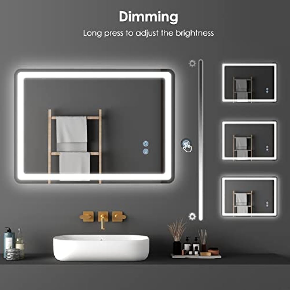 Potuem Bathroom Mirror with LED Lights, 500 * 700 MM Illuminated Backlit Wall Mounted Vanity Mirror with 3 Lights, Anti-Fog, Dimmable, IP54, Horizontal/Vertical